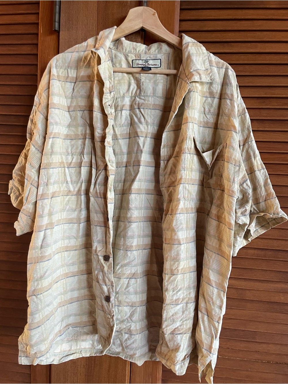 Tommy Bahama Silk Shirt in Cream, Pink, Green Plaid